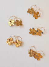 Load image into Gallery viewer, Gold Filled Hoop Hammered Brass Flower Earrings - White