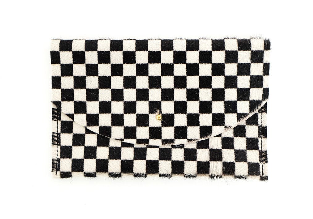 Envelope Pouch - Black + White Checkered Hair on Hide - Good Judy (.com)