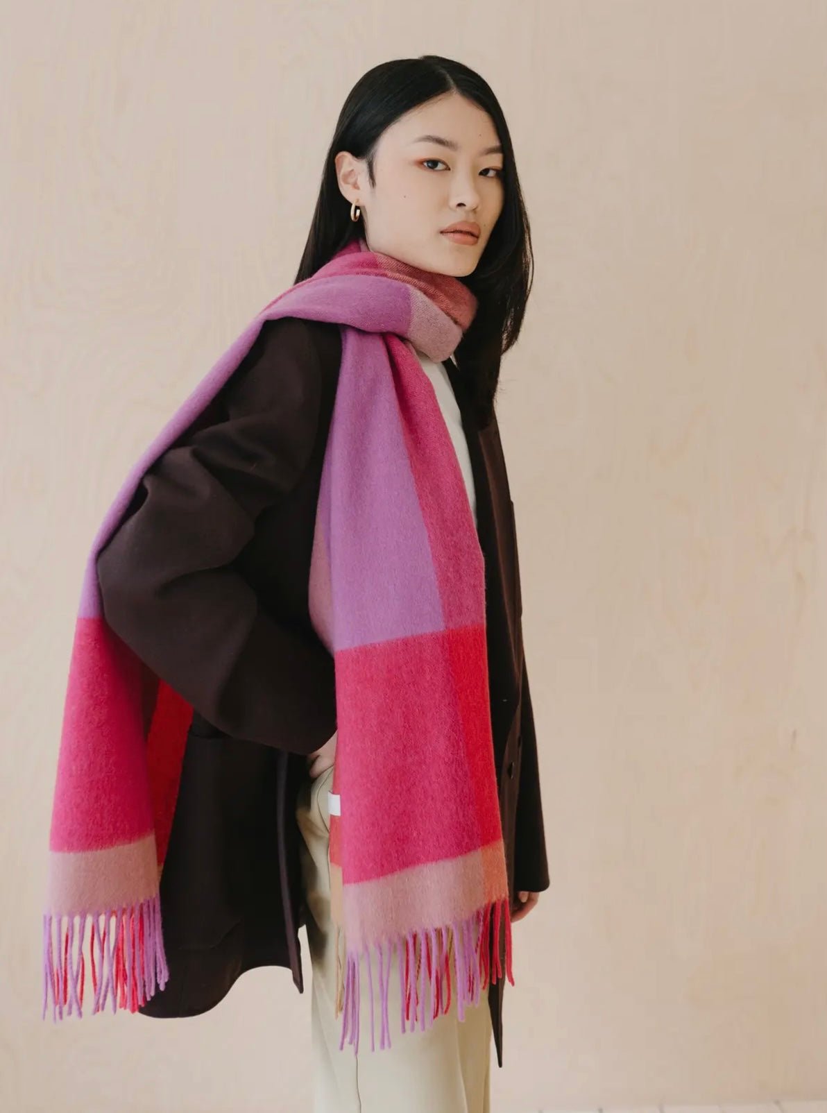 Lambswool Oversized Scarf- in Magenta Edge Check