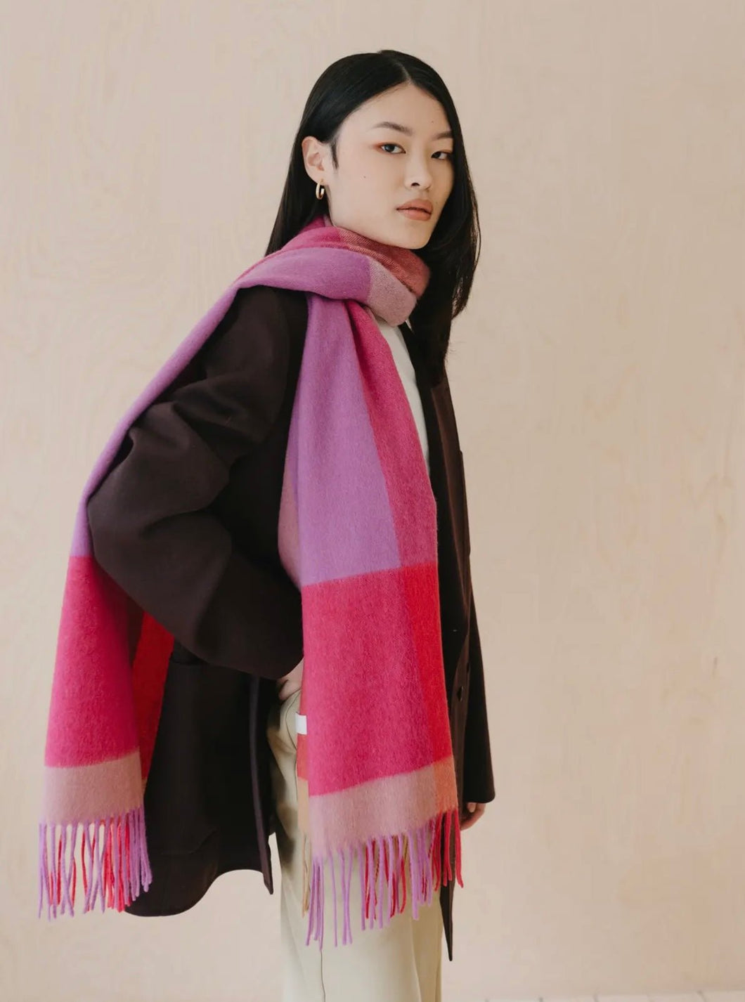 Oversized Lambswool Scarf- in Magenta Edge Check - Good Judy (.com)