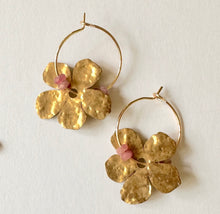 Load image into Gallery viewer, Gold Filled Hoop Hammered Brass Flower Earrings - Pink
