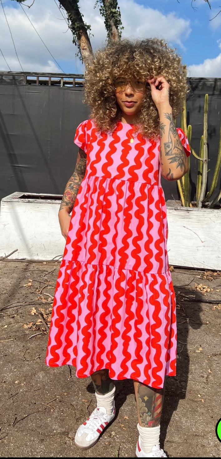 Frida Dress- Pink Squiggle