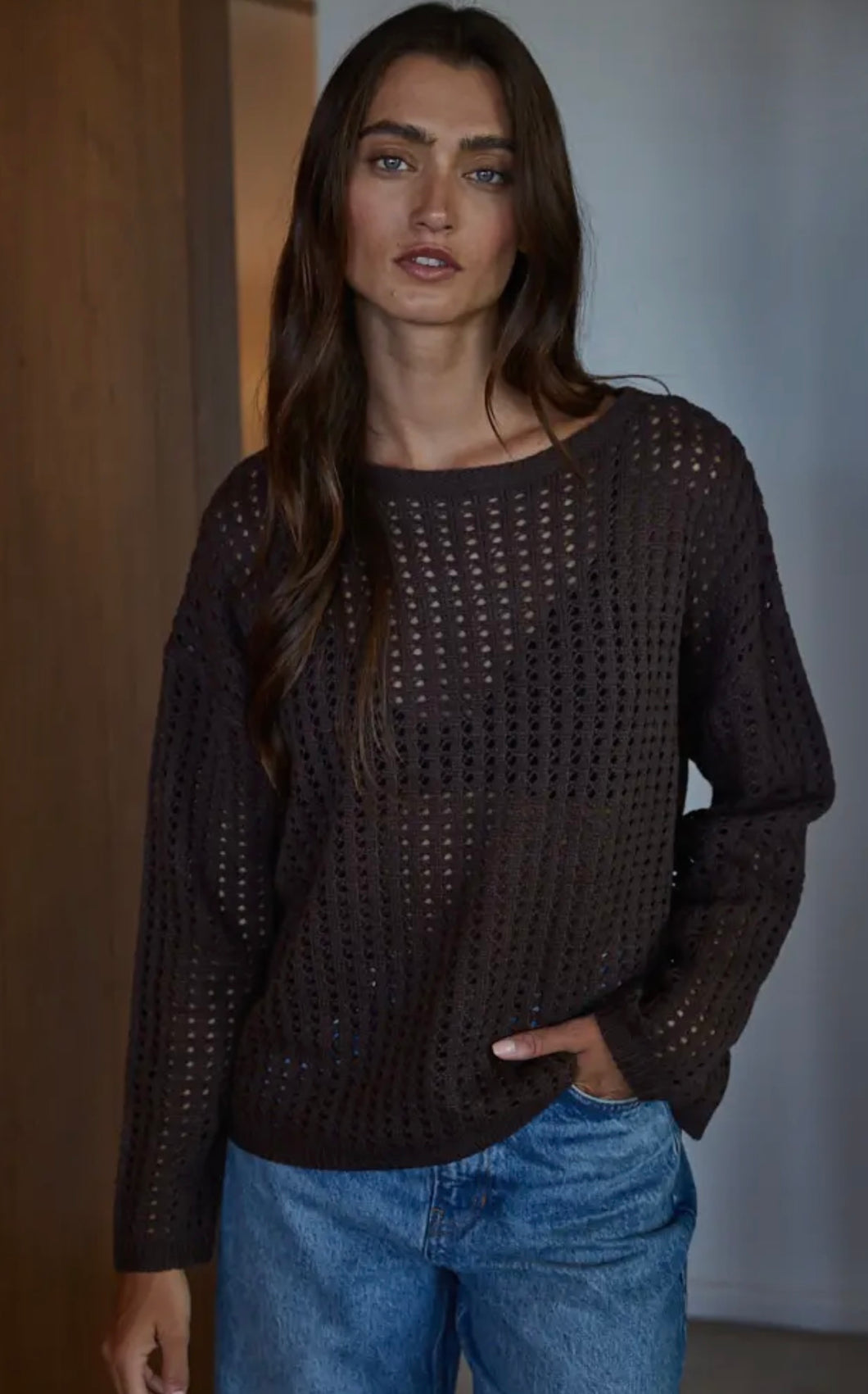 Knit Sweater See Through Long Sleeve Pullover Top- Dark Mocha