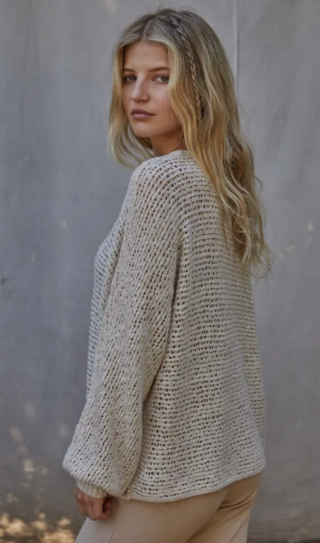 Sweater Knit Crochet Round Neck Long Sleeve Top- Natural